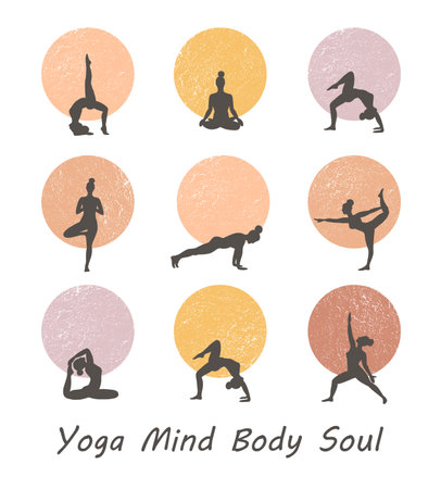 Contours of women in the yoga poses on a circle background. Trend contemporary poster.のイラスト素材