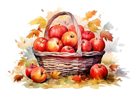 watercolor illustration basket with apples on white backgroundの素材