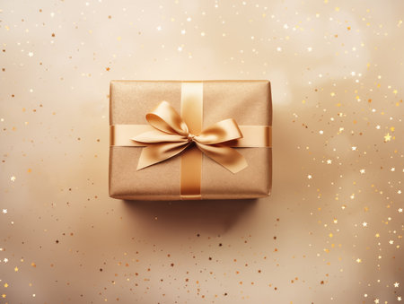 A gift in craft paper with a gold ribbon on a beige background. Christmas new year, background.の素材