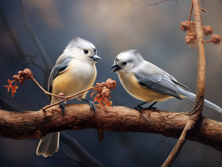 bluebirds on a branch on grey background wood landscape animalの素材