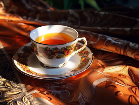 Freshly brewed black tea in a ceramic cup with a pattern, on a carpet background, colored tableclothの素材
