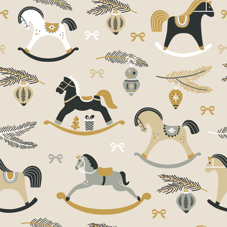 Christmas pattern with childish rocking horses on background.のイラスト素材