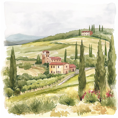 Italy. Watercolor sketch landscape of Tuscanyの素材