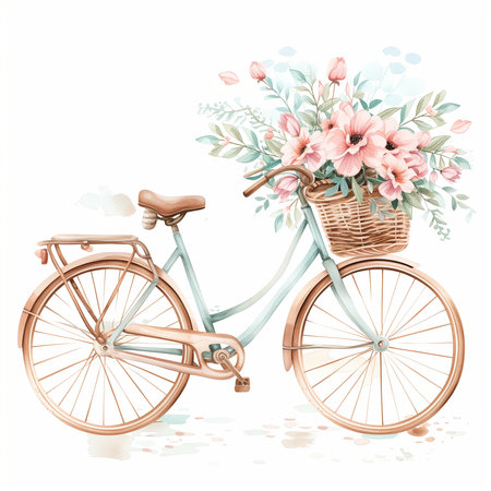 watercolor Bicycle with a basket of flowersの素材