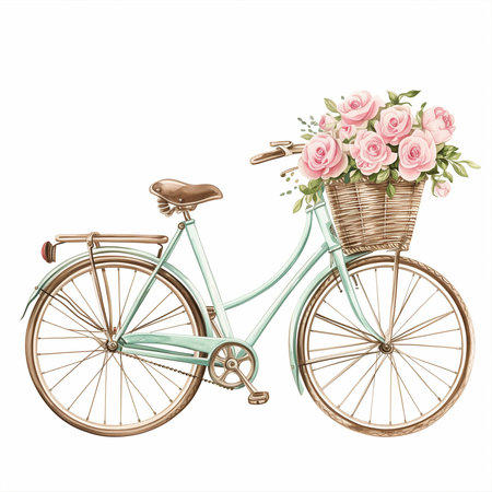 watercolor Bicycle with a basket of flowersの素材