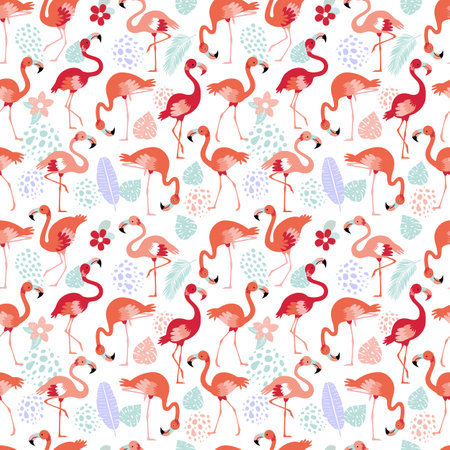 Pattern with pink flamingos. Pink flamingo in flat style. Seamless pattern for textile, wrapping paper, background.のイラスト素材