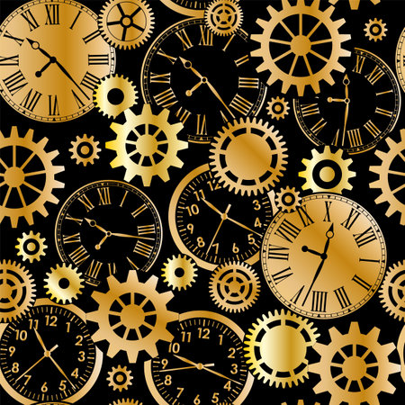 Gold mechanical gears and clocks seamless pattern on black backgroundのイラスト素材