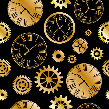 Gold mechanical gears and clocks seamless pattern on black backgroundのイラスト素材