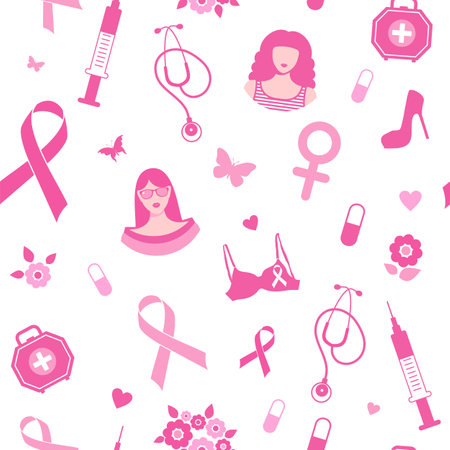 Breast cancer seamless pattern awareness pink ribbon. October is Breast Cancer Awareness Month.のイラスト素材