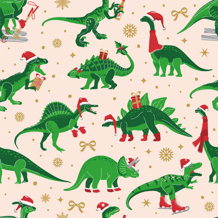 Dino Christmas Party Tree Rex. Dinosaur in Santa hat decorates. Vector seamless pattern of funny characterのイラスト素材