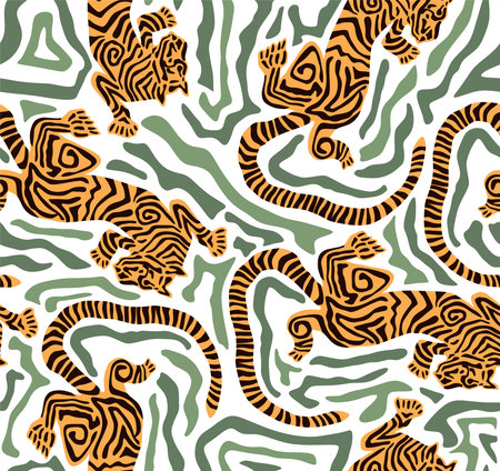 Tiger Art Seamless Pattern Wallpaper illustration Vector, Safari Wildlife, Tiger Seamless Pattern, Tiger Print, Animal Printのイラスト素材