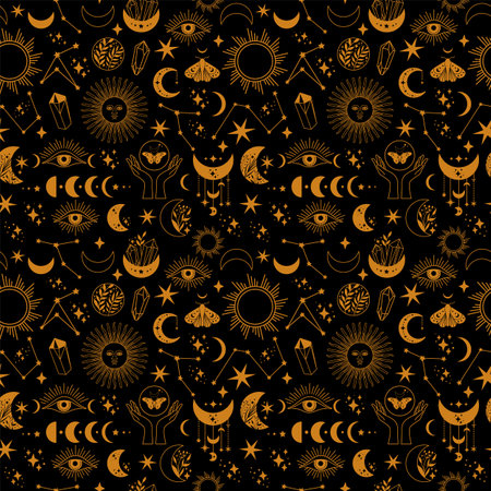 Seamless space pattern Boho illustration with moon, sun, dragonflies, stars, wallpapers for astrology, tarot, esotericism.のイラスト素材