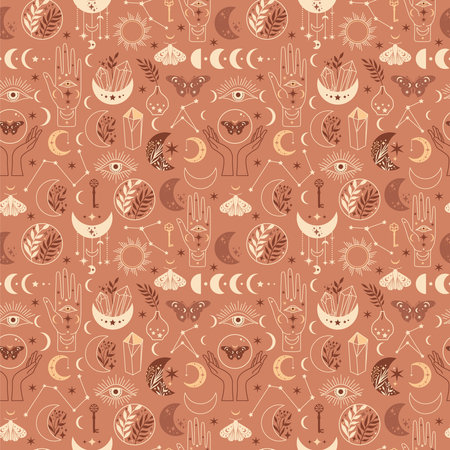 Seamless pattern Mystical moon phases and woman hands and moth, alchemy esoteric magic space, vector isolated on beige backgroundのイラスト素材