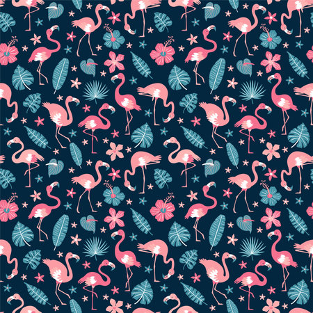 Pattern with pink flamingos. Pink flamingo in flat style. Seamless pattern for textile, wrapping paper, background.のイラスト素材