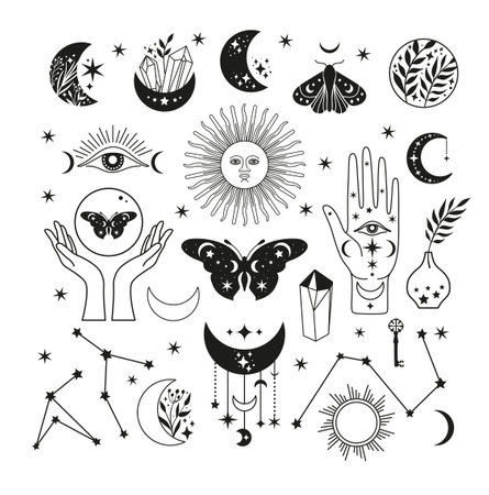Mystical moon phases and woman hands and moth, alchemy esoteric magic space, vector isolated on whiteのイラスト素材