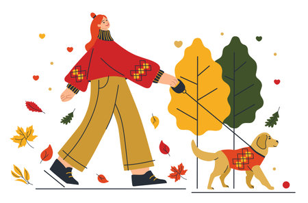 Girl walking her dog. Autumn mood, foliage. Flat cute cozy illustrationのイラスト素材