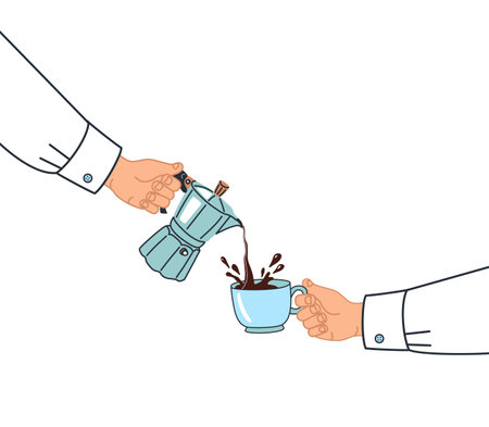 Vector illustration in cartoon style with people pouring coffee for breakfast from a coffee maker.のイラスト素材