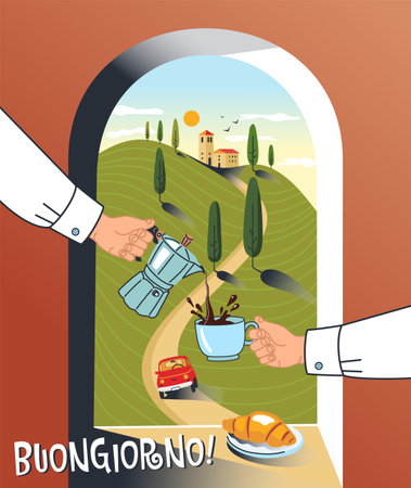 Vector illustration in cartoon style with people pouring coffee for breakfast from a coffee maker.のイラスト素材