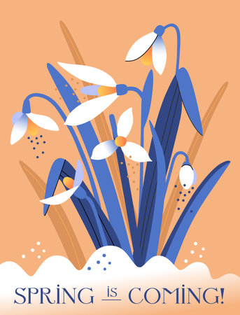 Snowdrop Day. Banner with snowdrops in snow. Spring is coming. Spring wildflower.のイラスト素材