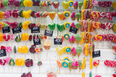Colorful lollipops on the counter in the city of Kazan in Russia. Sweet treat on the market.