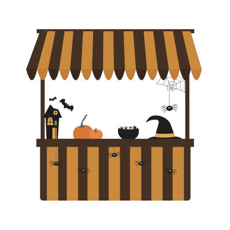 Halloween stall counter with pumpkins, bats, spiders, eyes and witch hatのイラスト素材