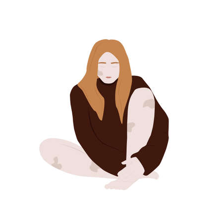Red-haired girl in a burgundy sweater with vitiligo. Minimalistic styleのイラスト素材