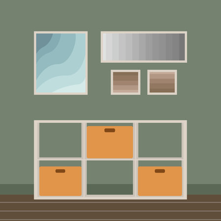 Illustration of room with rack, boxes and pictures on the wallのイラスト素材
