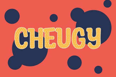 Yellow inscription cheugy with white dots. Red background with blue circlesのイラスト素材