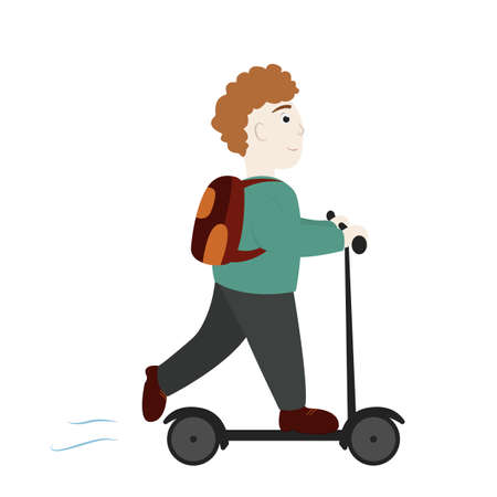 Curly boy with a red backpack rides a scooter. flat style. vector illustrationのイラスト素材
