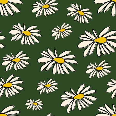 Seamless pattern with chamomiles flat style, contour, vector illustration on green background. Beautiful colored flowers, cute ornament. Graphic print for fabric, designのイラスト素材