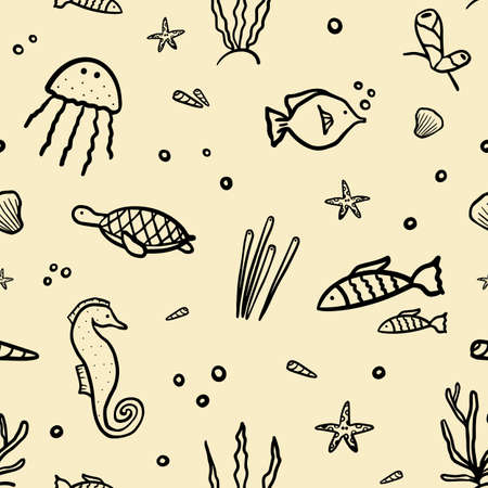 Seamless pattern about sea world, hand drawn elements, doodle, vector illustration on light yellow background. Endless ornament for print and fabric, packaging, wrappingのイラスト素材