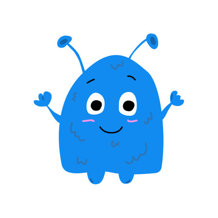 Cute blue alien monster flat style, vector illustration isolated on white background. Funny character for cards or poster, kids design. Unusual smiling monsterのイラスト素材