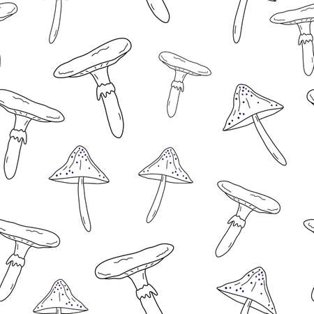 Seamless pattern with hand drawn mushrooms doodle style, vector illustration on white background. Endless ornament for wrapping or packaging, decorative designのイラスト素材