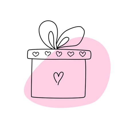 Hand drawn gift box with hearts doodle style, vector illustration isolated on white background. Packaging for holiday present, party decoration, black outline design elementのイラスト素材