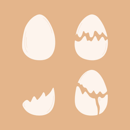 Set of hand drawn eggs flat style, vector illustration isolated on orange background. Whole, broken and open eggs, healthy food, organic product. design elementsのイラスト素材