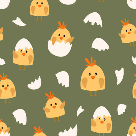 Seamless pattern with hand drawn cute cartoon chicks and eggshells flat style, vector illustration on green background. Decorative endless ornament for wrapping or packagingのイラスト素材