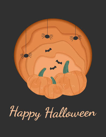 Postcard about happy halloween paper cut style, vector illustration isolated on dark background. Pumpkins, silhouettes of hanging spiders and bats, decorative designのイラスト素材