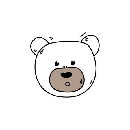 Hand drawn wonder bear face doodle style, vector illustration isolated on white background. Cute animal muzzle, black outline design element for cards or print, emotionのイラスト素材