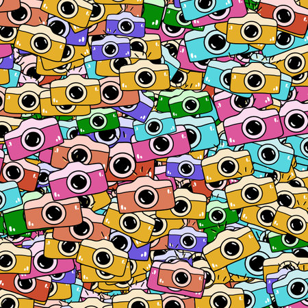 Squared banner with many colorful cameras doodle style, vector illustration. Decorative bright design for background or print, retro technique for making shotsのイラスト素材
