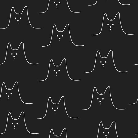 Seamless pattern with hand drawn cute cat face doodle style, vector illustration on black background. Decorative design for wrapping or packaging, one white line, funny characterのイラスト素材