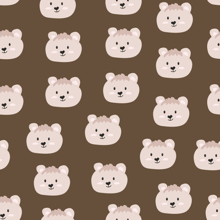 Seamless pattern with cute bear faces doodle style, vector illustration on brown background. Decorative design for kids, wrapping and packaging, smiling animal characterのイラスト素材