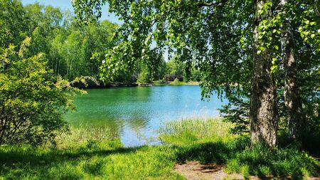 Quiet village lake surrounded by beautiful nature, Nizhny Novgorod region, Russiaの写真素材