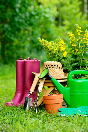 Gardening tools on green background and grassの写真素材