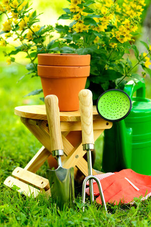 Gardening tools on green background and grassの写真素材