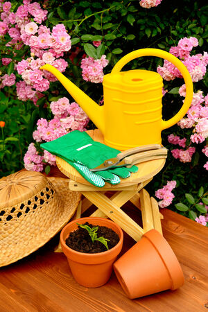 Gardening tools on wooden table and rose flowers backgroundの写真素材