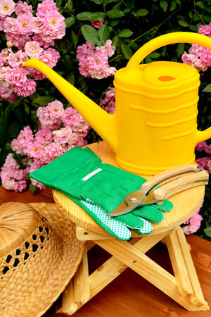 Gardening tools on wooden table and rose flowers backgroundの写真素材