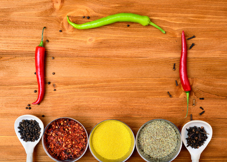 Copyspace food frame with spices and cooking accesoriesの写真素材