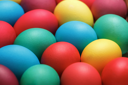 A lot of colorful painted eggs. Happy Easter. Close-upsの写真素材