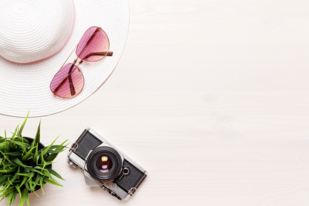 Top view of the traveler items. The concept of rest. White background. Copy spaceの写真素材