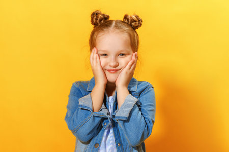 Closeup portrait of a cute attractive little girl on yellow background. Child hands face and looks...